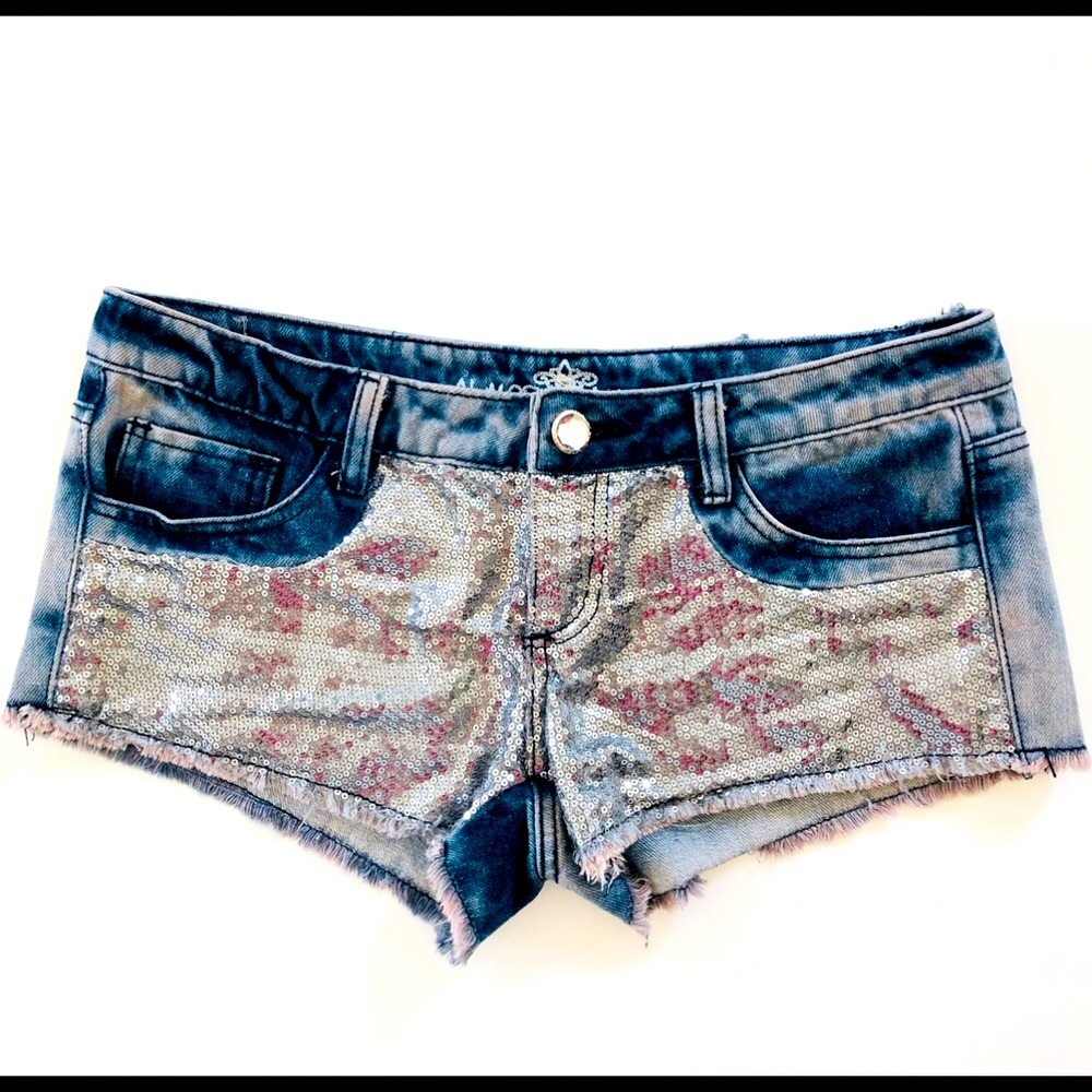 Silver Metallic sequin/frayed denim Super low rise short short byalmost famous 7
